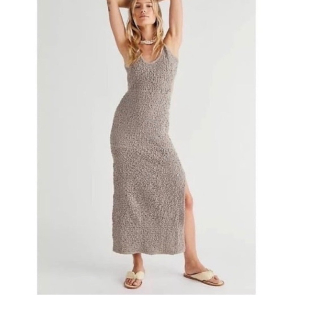 Free People Zaza Popcorn Textured Midi Dress Taupe Mauve Open Back Tie XS